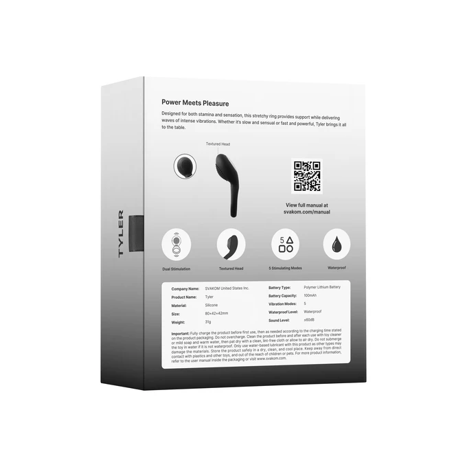 Svakom Tyler Vibrating Ring Black - Wibrujący pierścień na penisa , Czarny