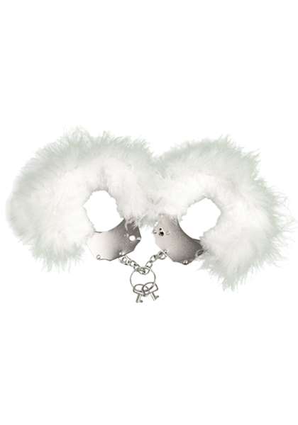 Cnex Metallic Handcuffs,Feather Cov White - Kajdanki z futerkiem, białe ▶️▶️ DYSKRETNIE ▶️ GWARANCJA ▶️ PRZESYŁKA 24h ▶️