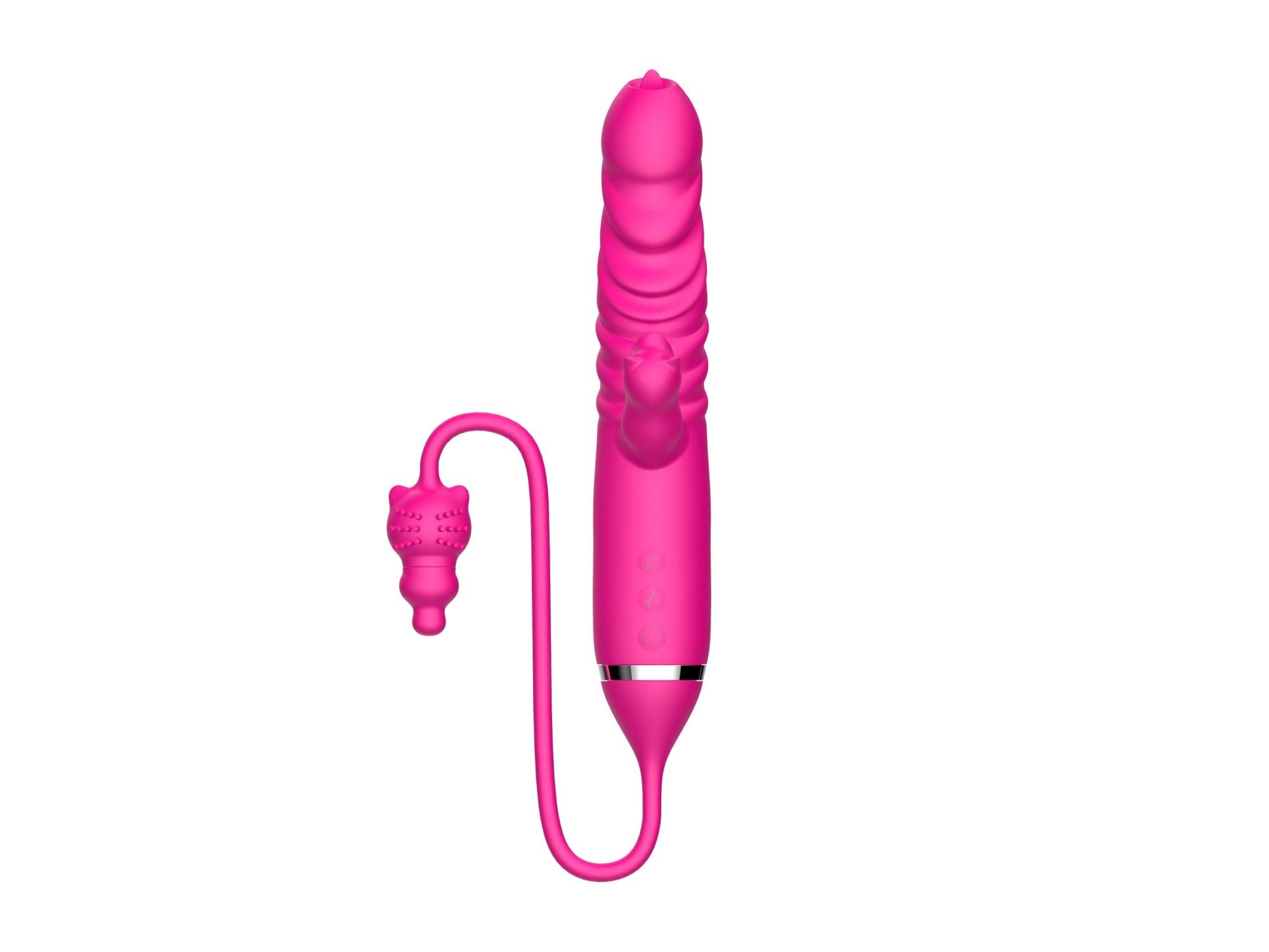 Boss Series Cute Tongue Licking Triple Stimulation Thrusting Vibrator - Wibrator króliczek z pulsacją i stymulacją oralną