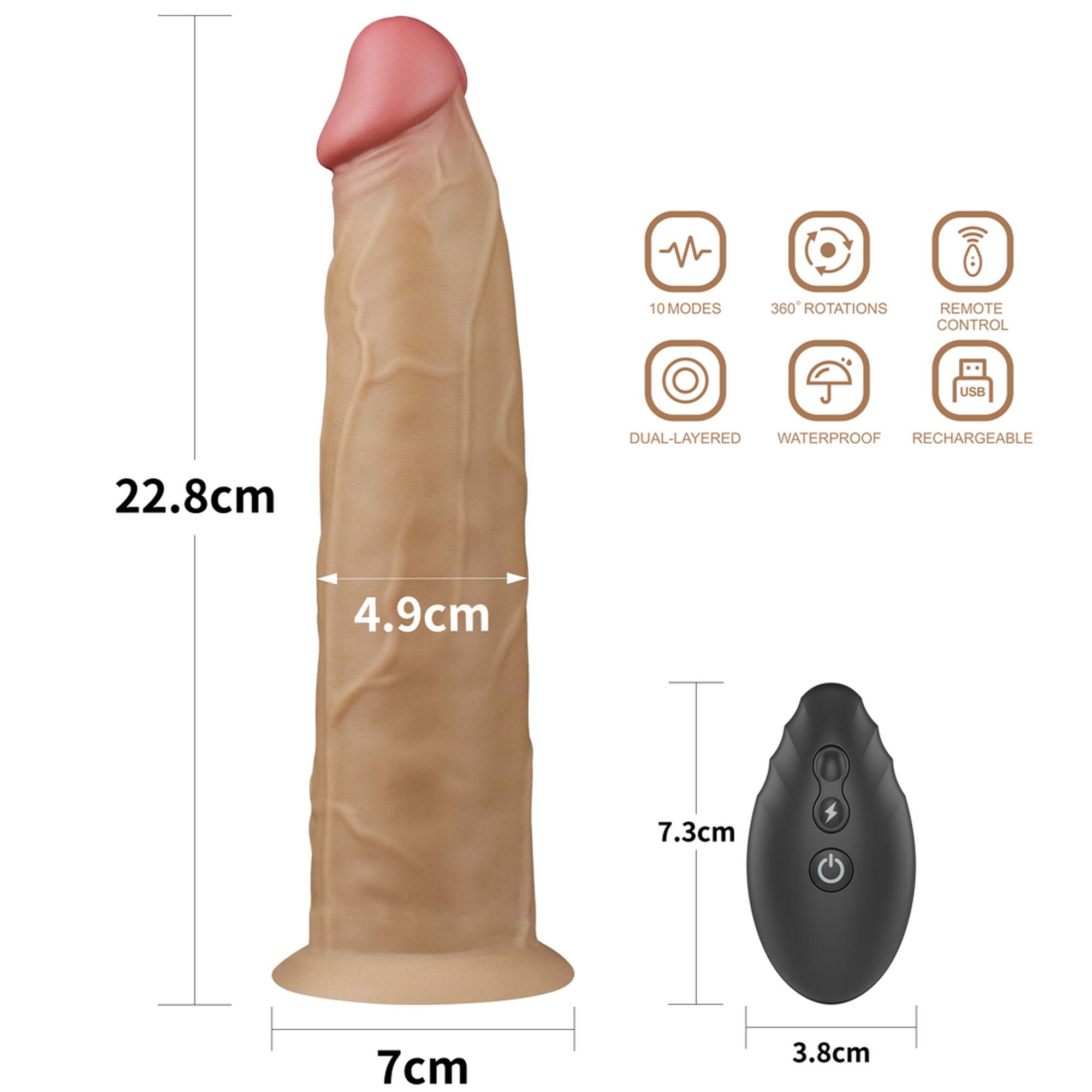 Lovetoy 9.0' Dual Layered Platinum Silicone Rotator - Wibrujące dildo z rotacją i pilotem na przyssawce