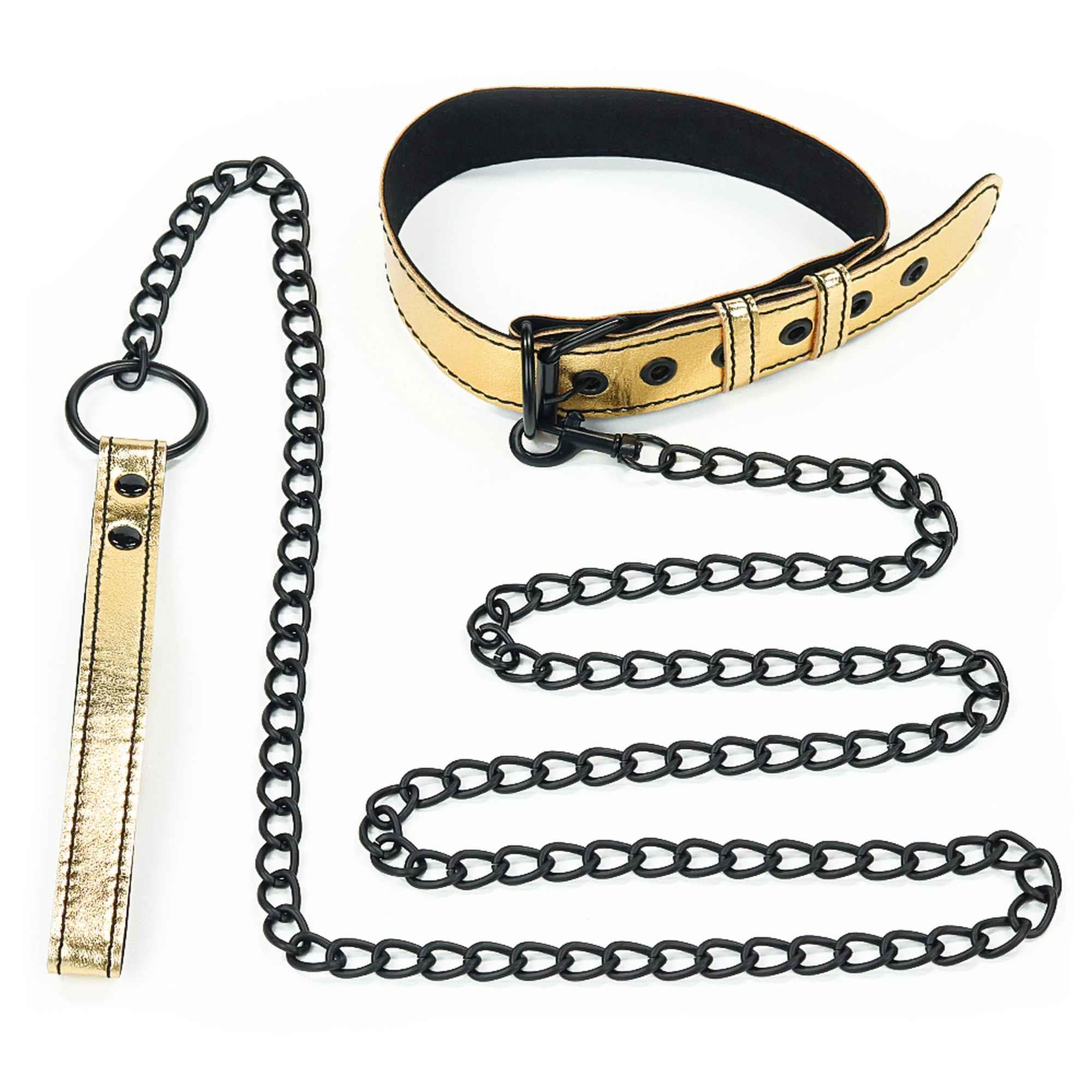 Lovetoy Bondage Fetish Metallic Pup Collar With Leash gold - Obroża ze smyczą, Złoty ⚫ DARMOWA DOSTAWA od 299zł ⚫ DYSKRETNA PRZESYŁKA 24H Z POLSKI ⚫