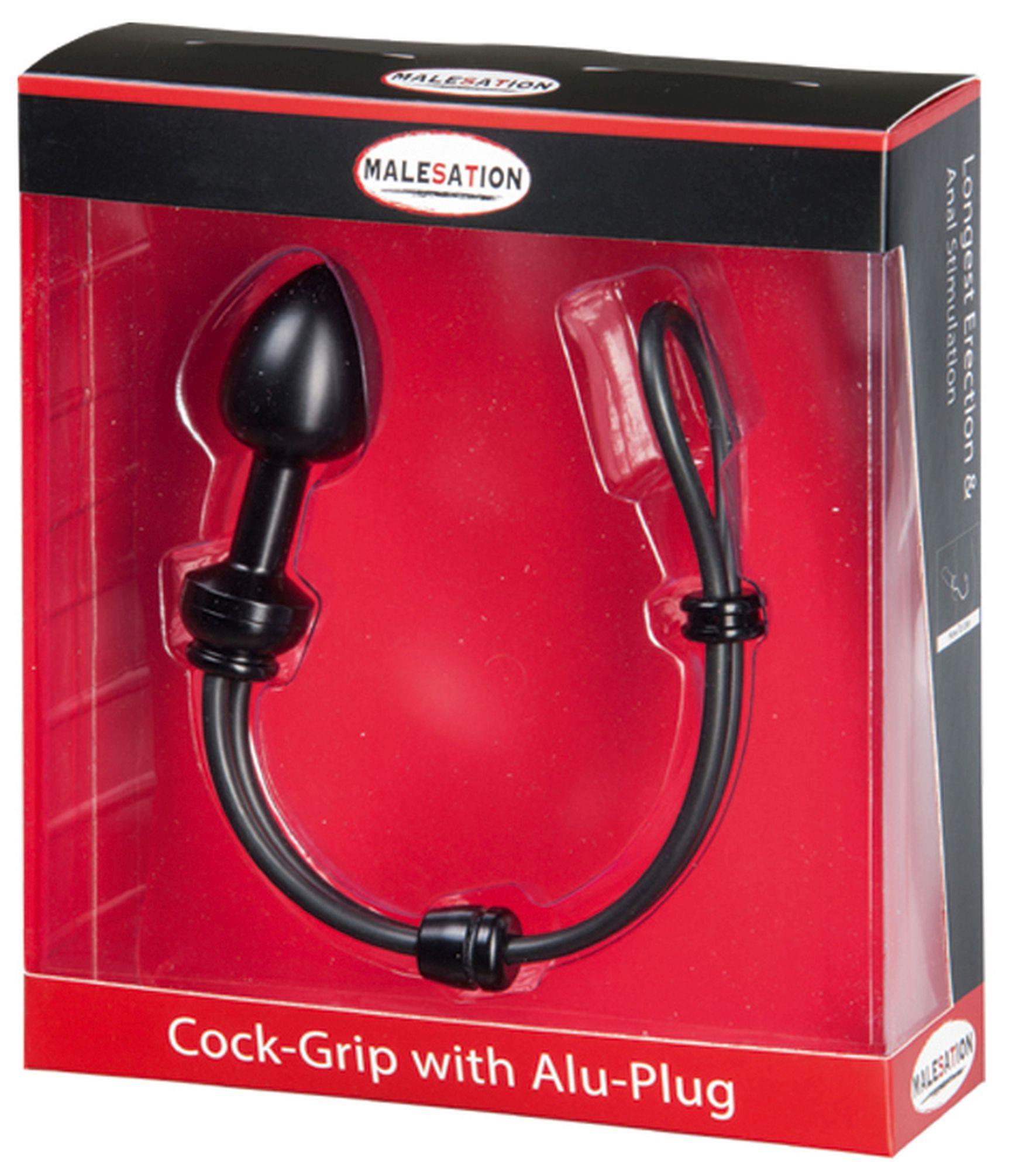 Malesation Cock Grip With Alu Plug Small, Black - Lasso na penisa z korkiem analnym, Czarny ▶️▶️ DYSKRETNIE ▶️ GWARANCJA ▶️ PRZESYŁKA 24h ▶️