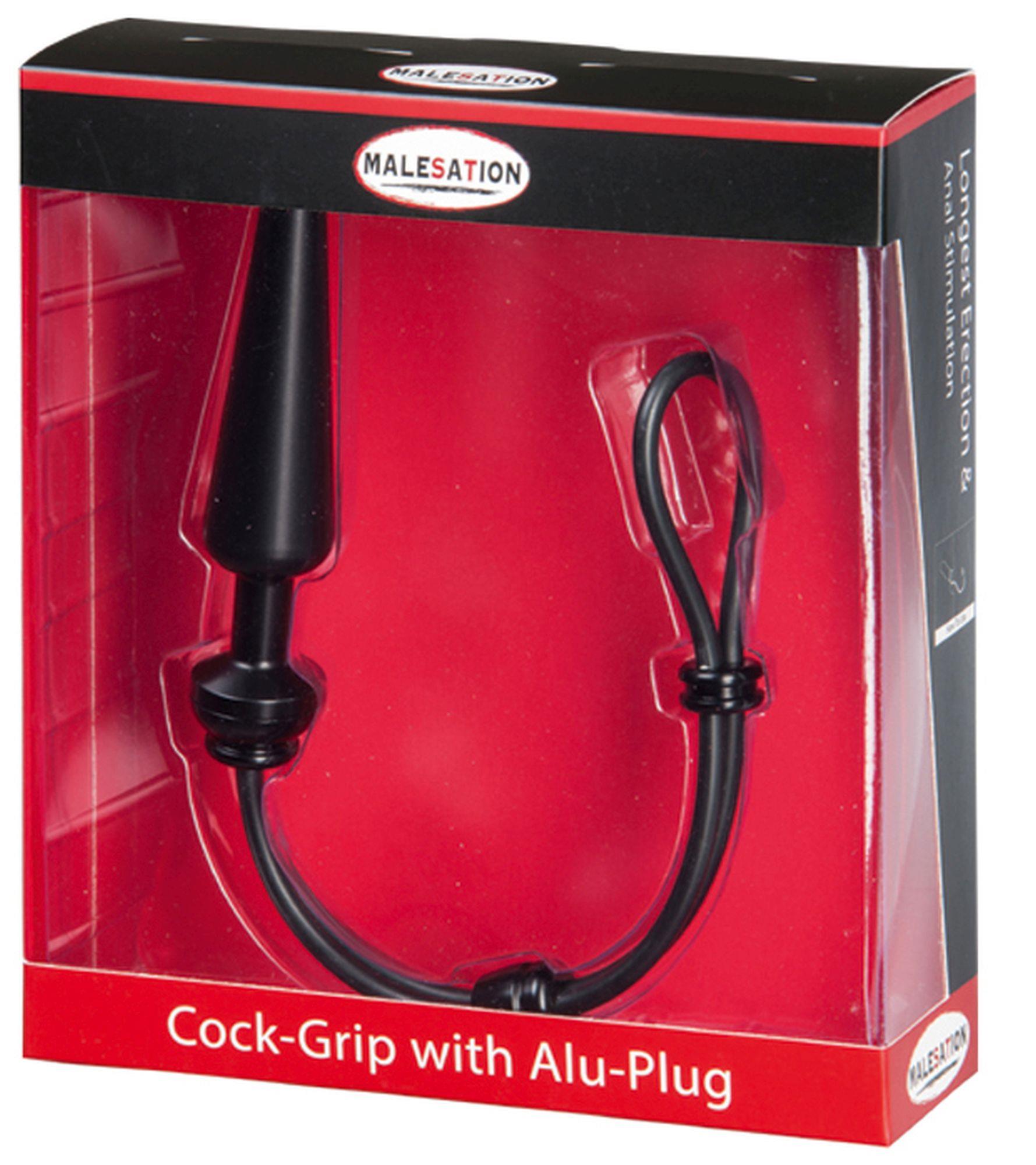 Malesation Cock Grip With Alu Plug Medium, Black - Lasso na penisa z korkiem analnym, Czarny ▶️▶️ DYSKRETNIE ▶️ GWARANCJA ▶️ PRZESYŁKA 24h ▶️