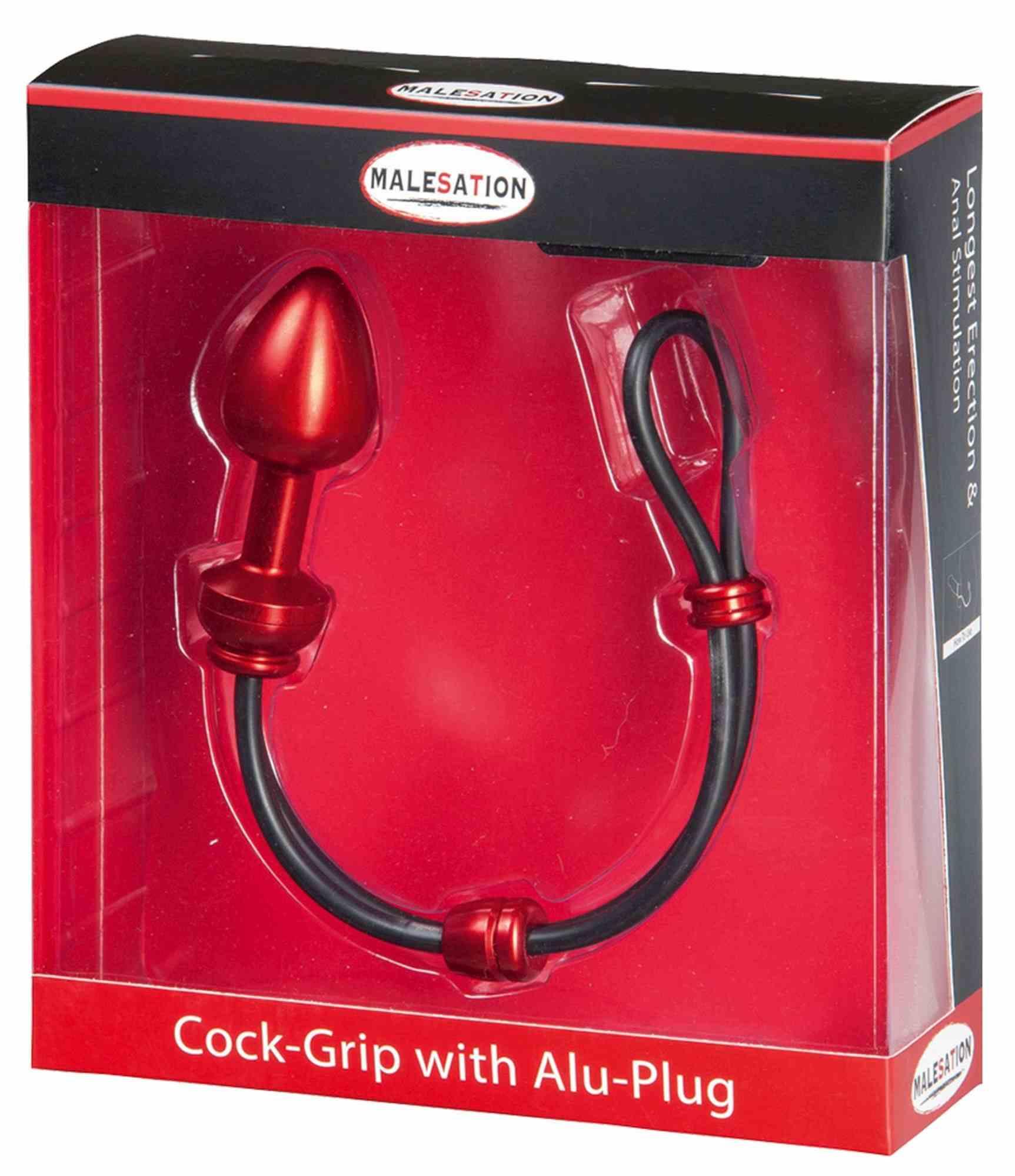 Malesation Cock Grip With Alu Plug Small, Red - Lasso na penisa z korkiem analnym, Czerwony ▶️▶️ DYSKRETNIE ▶️ GWARANCJA ▶️ PRZESYŁKA 24h ▶️