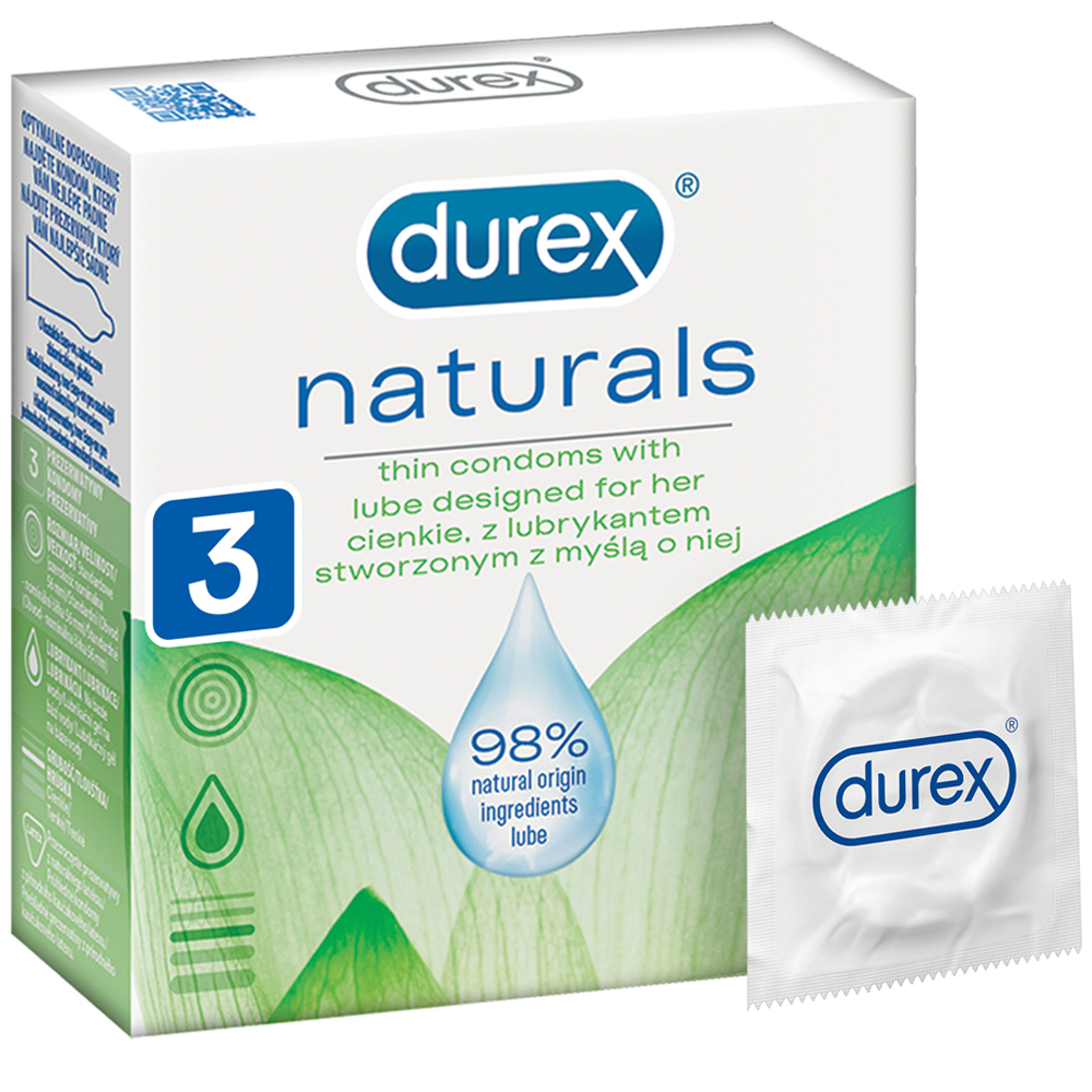 Durex Naturals - Prezerwatywy cienkie, wzbogacone lubrykantem, 3 szt. ▶️▶️ DYSKRETNIE ▶️ GWARANCJA ▶️ PRZESYŁKA 24h ▶️