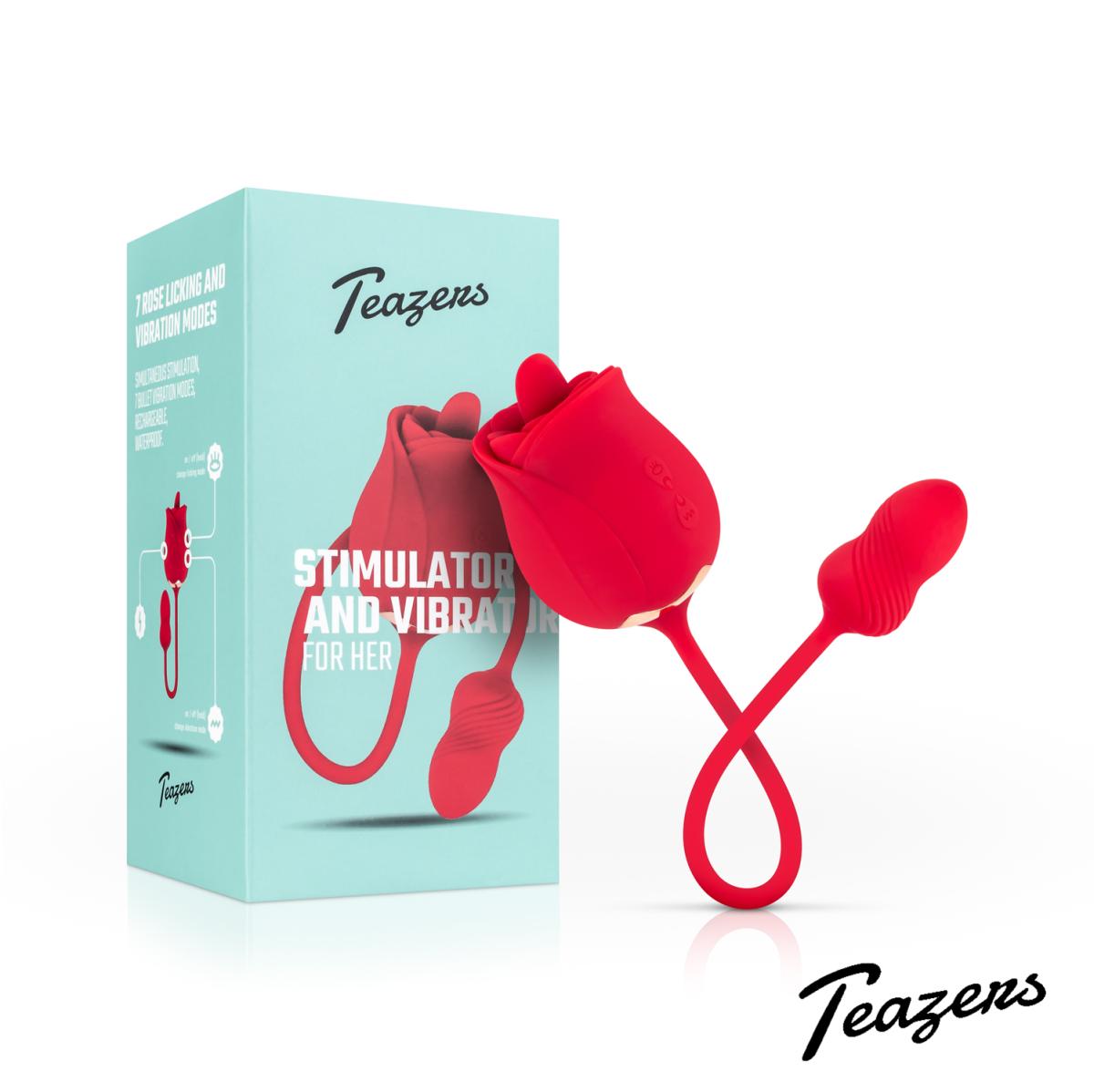 Teazers Rose Vibrator - Podwójny wibrator z stymulacją oralną ⚫ DARMOWA DOSTAWA od 299zł ⚫ DYSKRETNA PRZESYŁKA 24H Z POLSKI ⚫