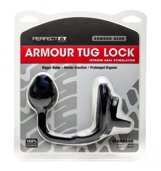 Perfect Fit Armour Tug Lock - pierścień z poprzeczką i korkiem analnym, czarny ▶️▶️ DYSKRETNIE ▶️ GWARANCJA ▶️ PRZESYŁKA 24h ▶️